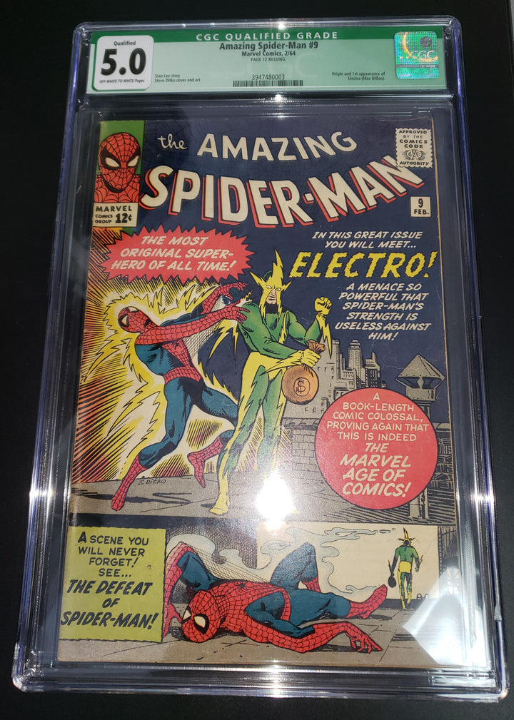 1964 MARVEL AMAZING SPIDER-MAN #9 1ST APPEARANCE OF ELECTRO CGC 5.0 qualified